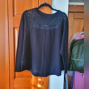 Elegant Black Lace Detail Waffle Knit Women's Plus Top Blouse XXL 2XL